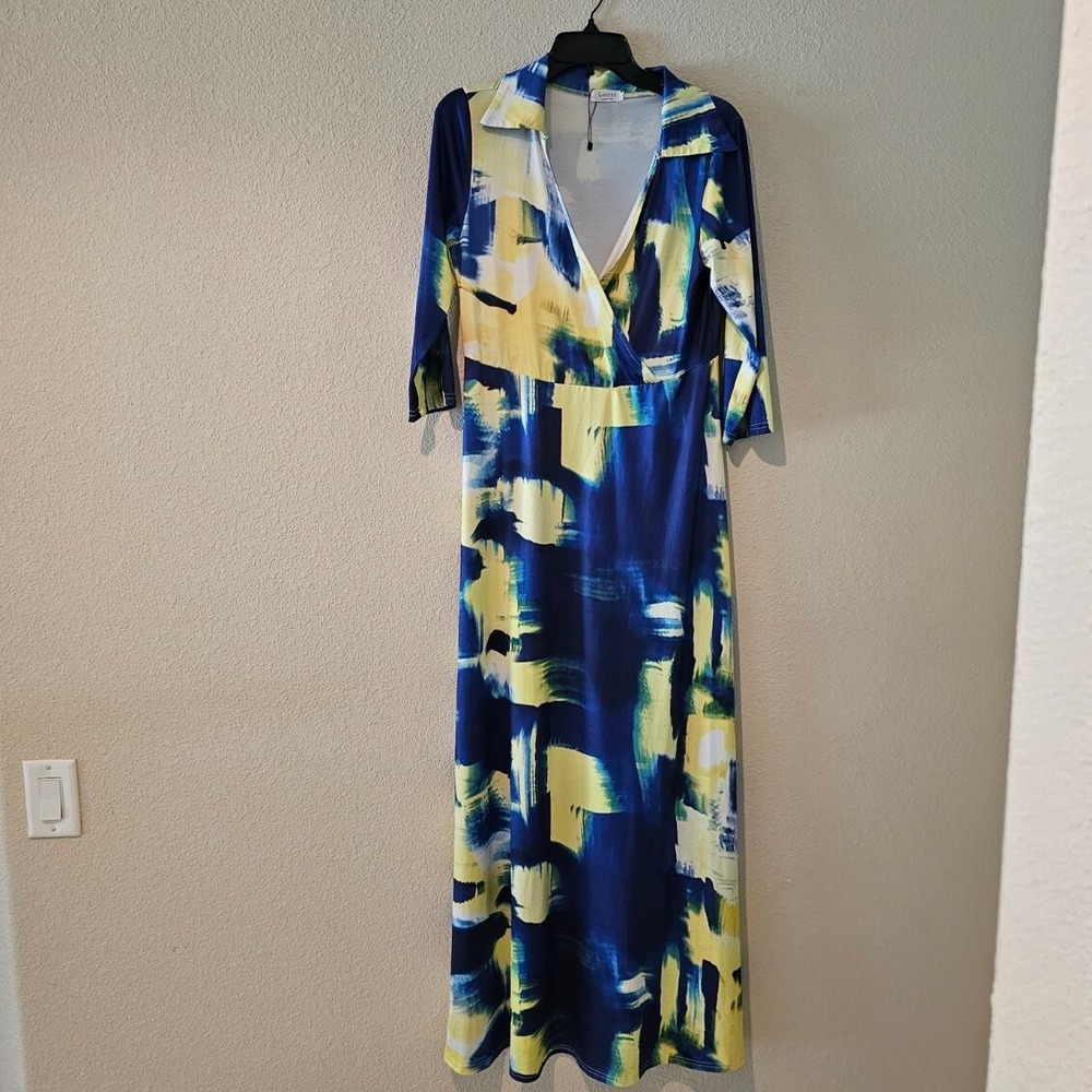 Maxi Dress Women M Blue Yellow NEW Abstract Print Collared V-Neck 3/4 Sleeve